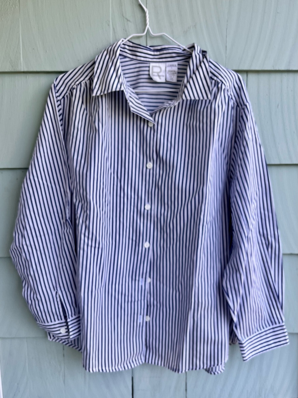 Roaman's Blue and White Vertical Stripe Women’s Dress Shirt